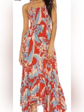 Free People Red Tropical Maxi Dress with Blue Accents
